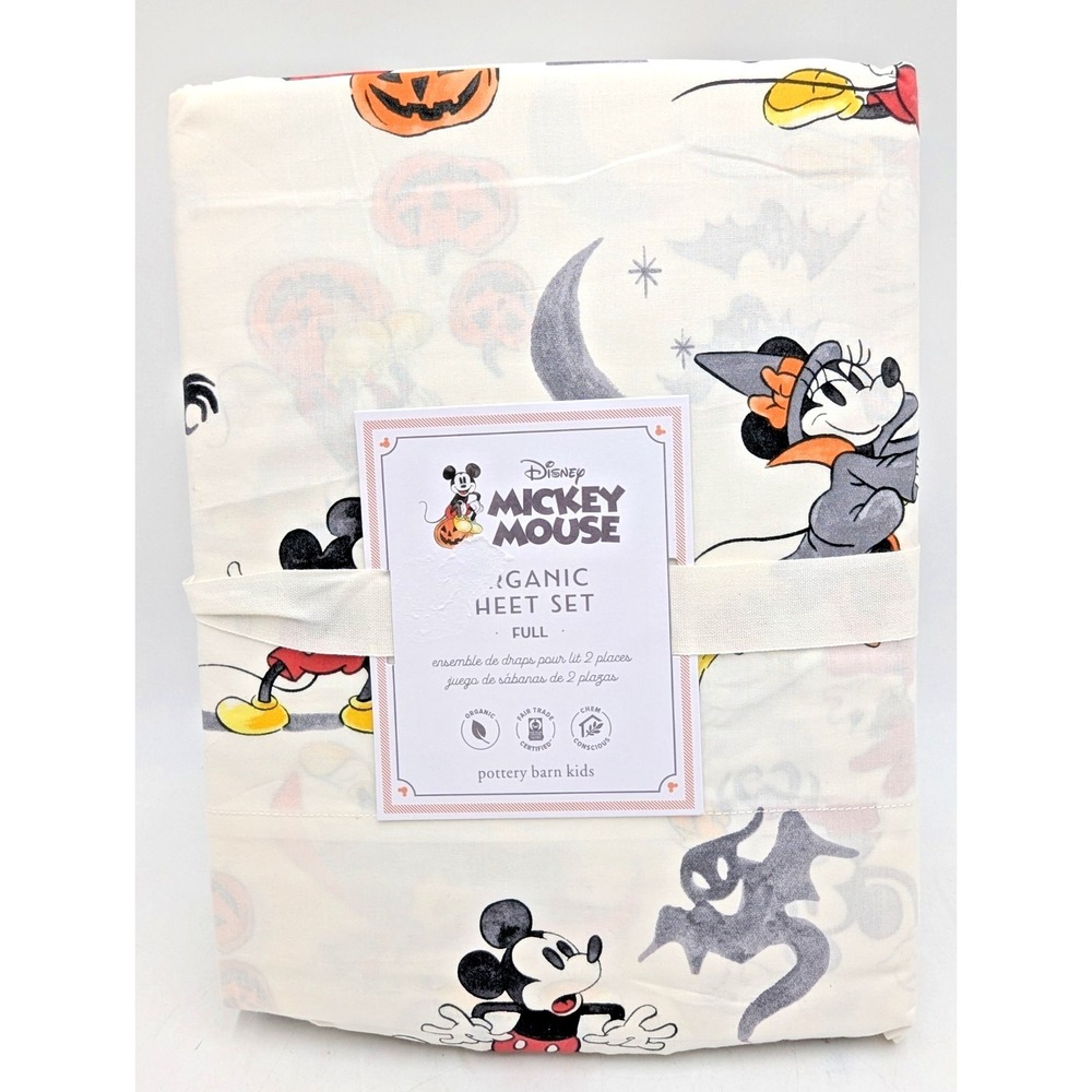 Pottery Barn Kids Mickey Mouse Organic Cotton Full Sheet Set Halloween NWT